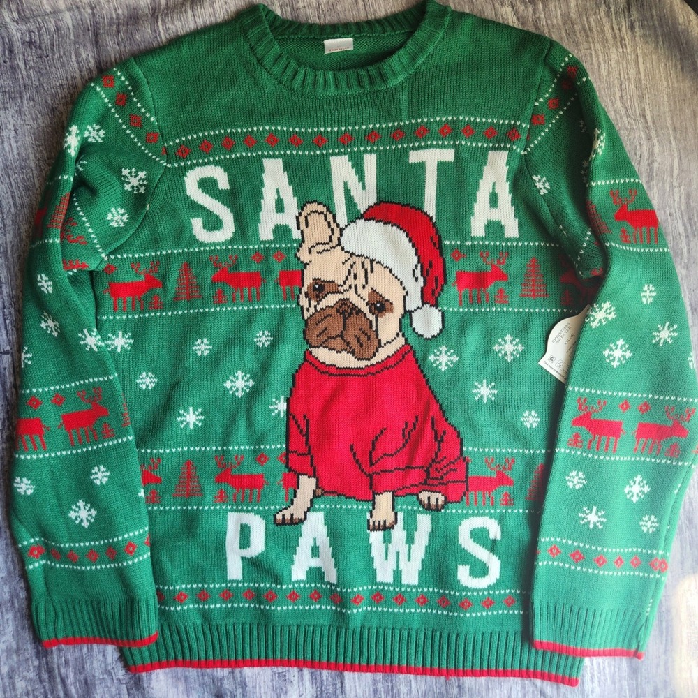 Kids Christmas Sweater XXL (18)‎ Santa Paws Dog NWT Holiday Green Red